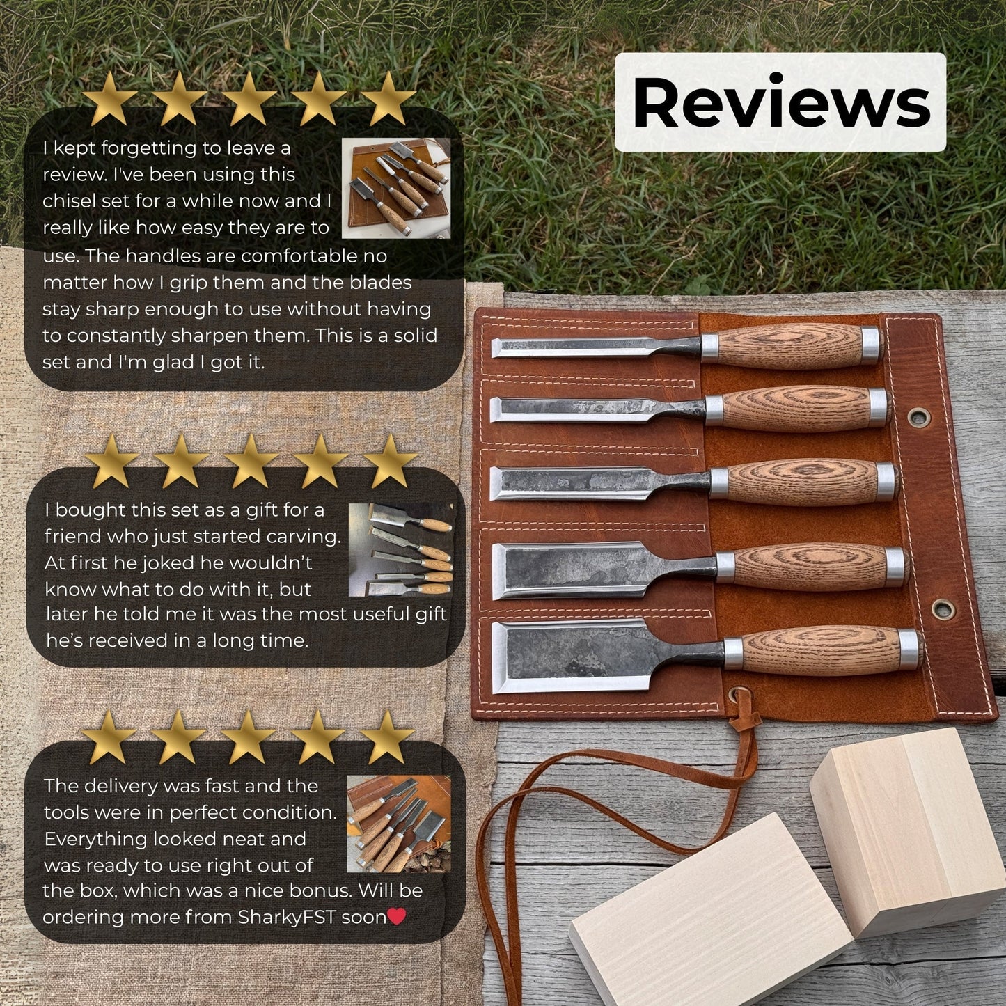 5-Piece Small Timber Framing Chisel Set with Leather Case