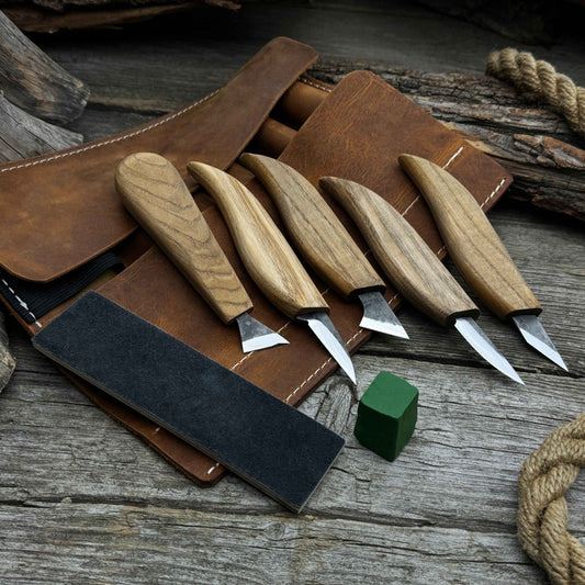 5-Piece Wood Carving Knife Set with Sharpening Board & Leather Case