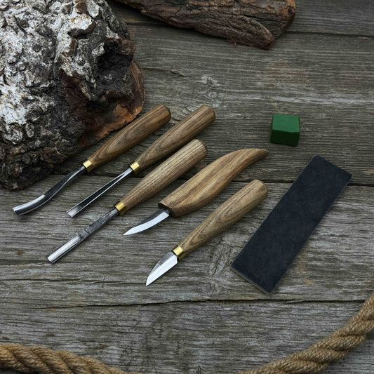 5-Piece Wood Carving Tool Set with Sharpening Board & Leather Case