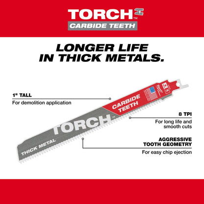 Milwaukee 48-00-5202 9" 8TPI The TORCH™ Carbide Teeth SAWZALL® Blade 1PK