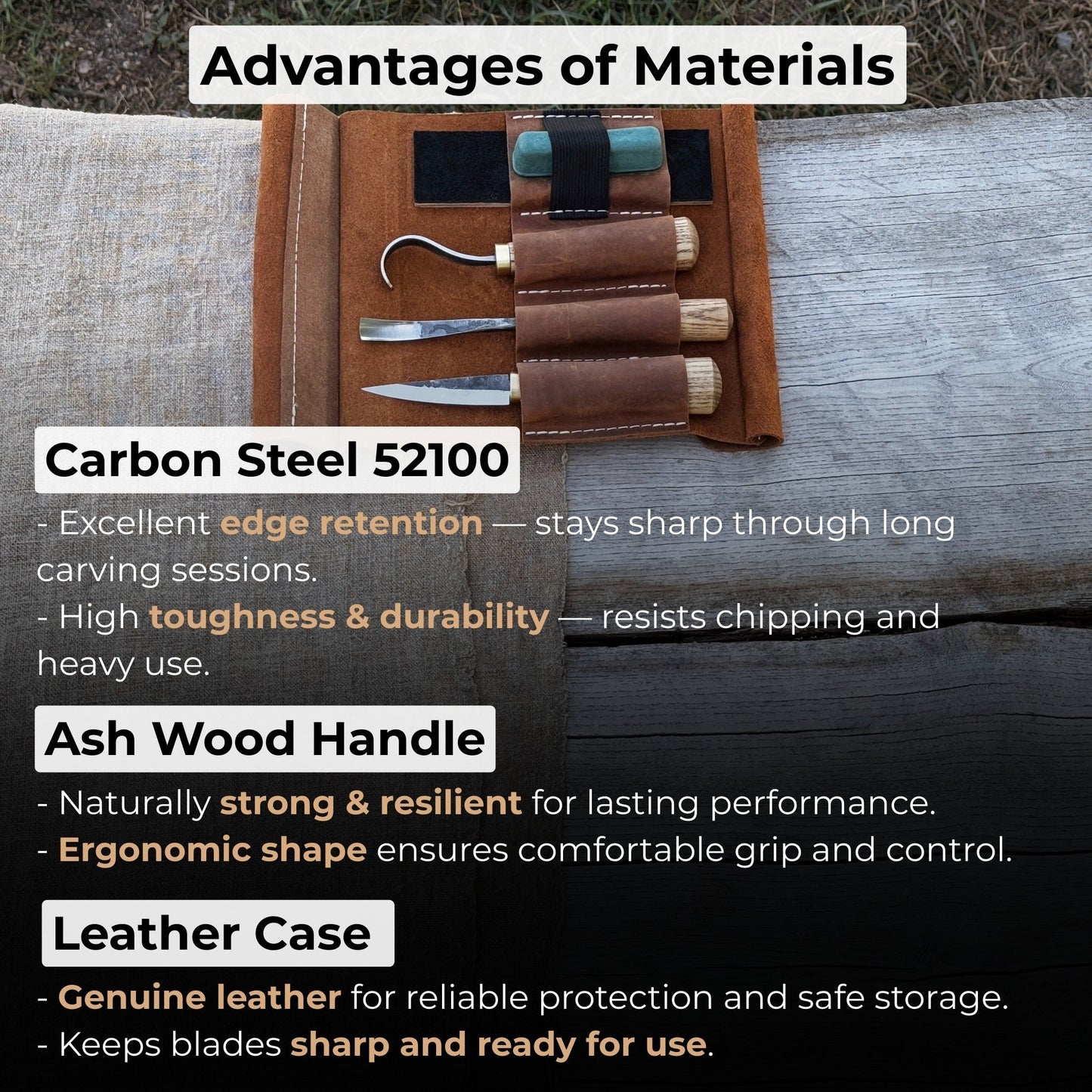 3-Piece Spoon Carving Tool Set with Sharpening Board