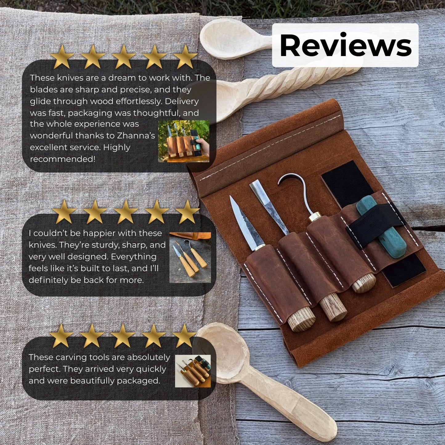 3-Piece Spoon Carving Tool Set with Sharpening Board