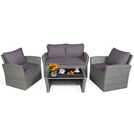 4 Pieces Patio Rattan Furniture Set Sofa Table with Storage Shelf Cushion-Gray
