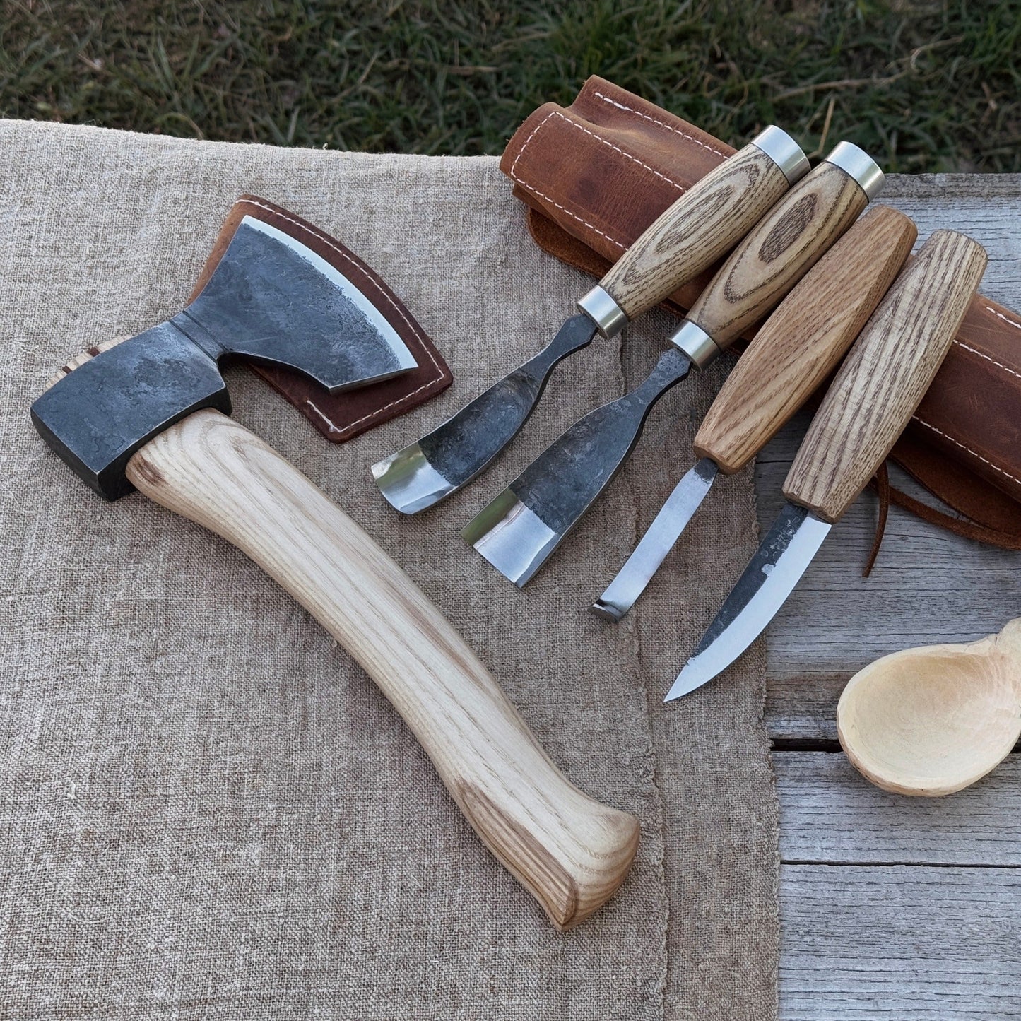 5-Piece Hand-Forged Carving Tool Set with Leather Tool Roll