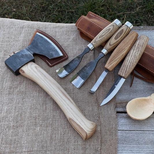 5-Piece Hand-Forged Carving Tool Set with Leather Tool Roll