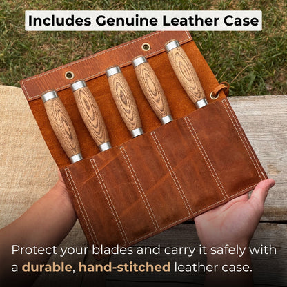5-Piece Small Timber Framing Chisel Set with Leather Case