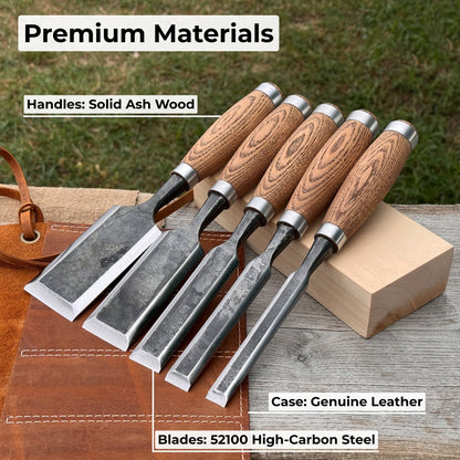 5-Piece Small Timber Framing Chisel Set with Leather Case