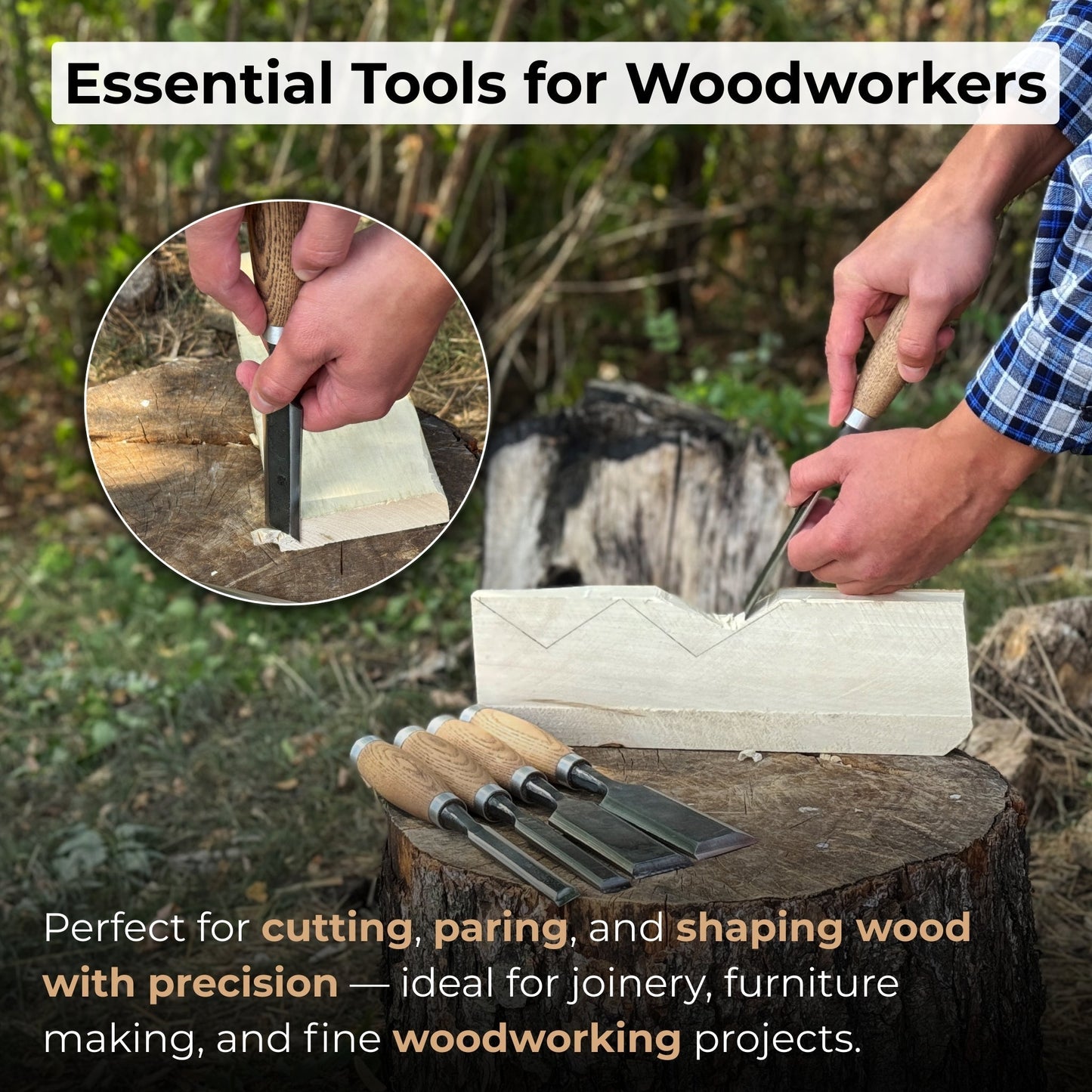 5-Piece Small Timber Framing Chisel Set with Leather Case