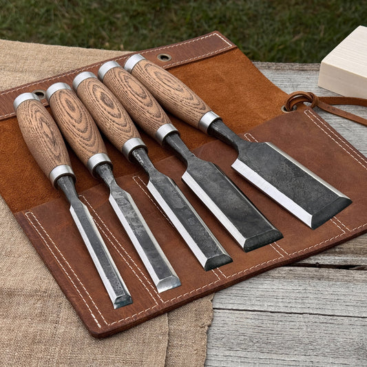 5-Piece Small Timber Framing Chisel Set with Leather Case