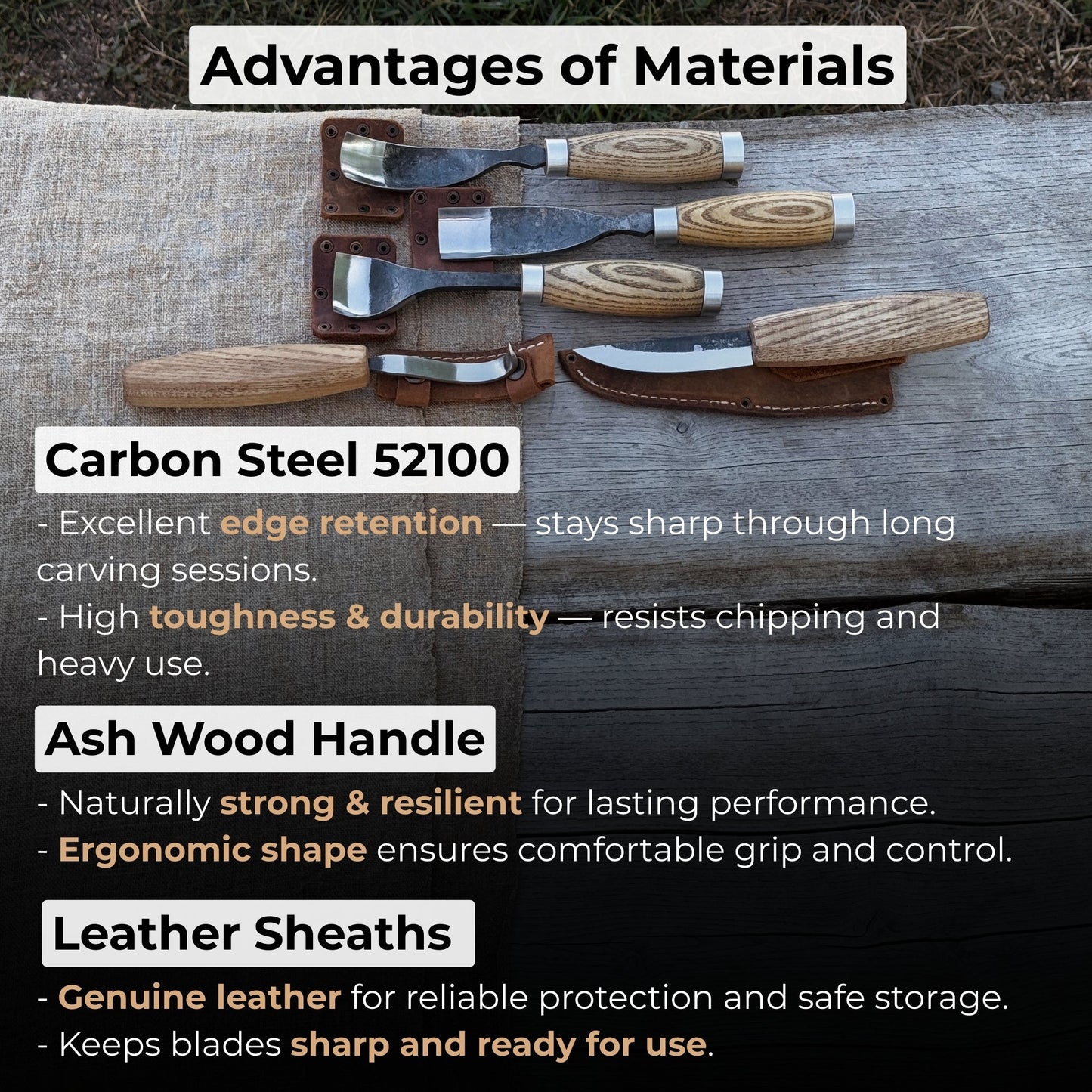 5-Piece Spoon & Bowl Carving Tool Set with Leather Sheaths