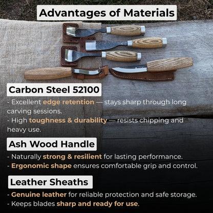 5-Piece Spoon & Bowl Carving Tool Set with Leather Sheaths