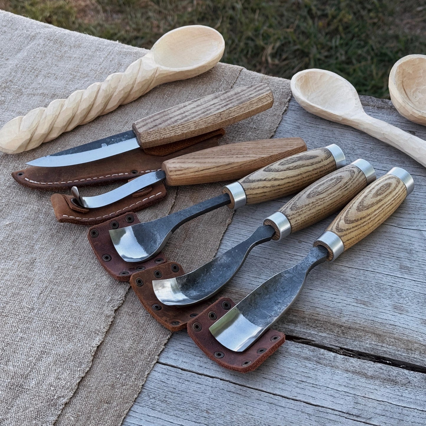 5-Piece Spoon & Bowl Carving Tool Set with Leather Sheaths