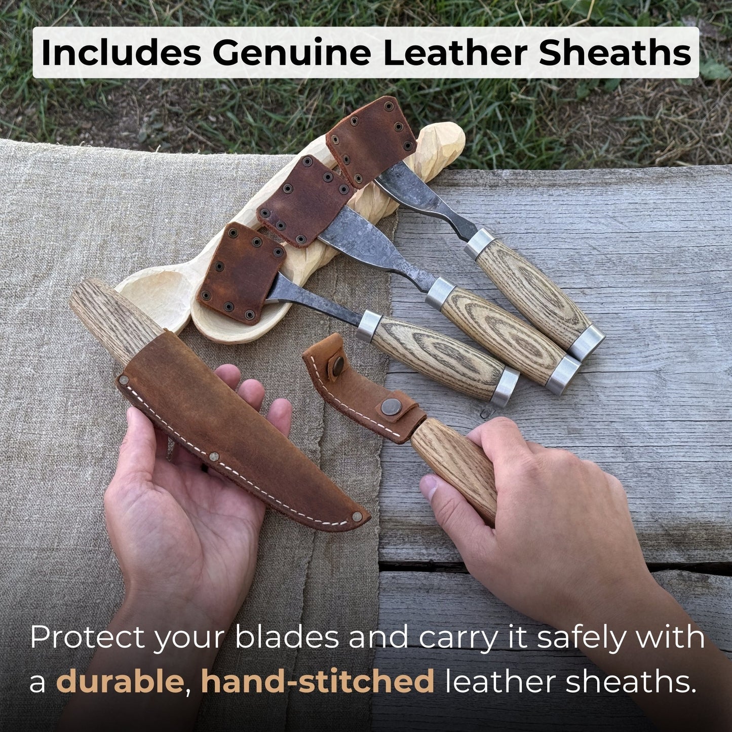 5-Piece Spoon & Bowl Carving Tool Set with Leather Sheaths