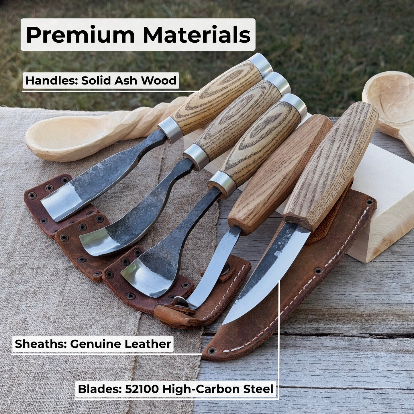 5-Piece Spoon & Bowl Carving Tool Set with Leather Sheaths