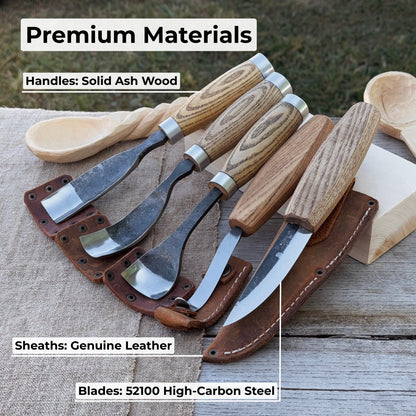 5-Piece Spoon & Bowl Carving Tool Set with Leather Sheaths