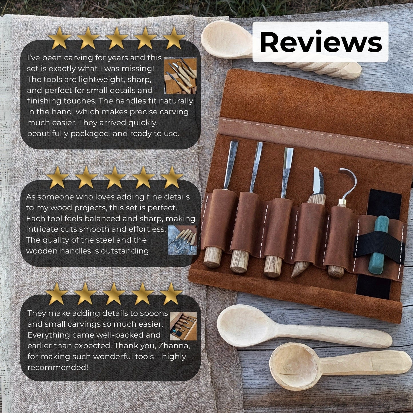 5-Piece Spoon Carving Tool Set with Leather Strop and Case