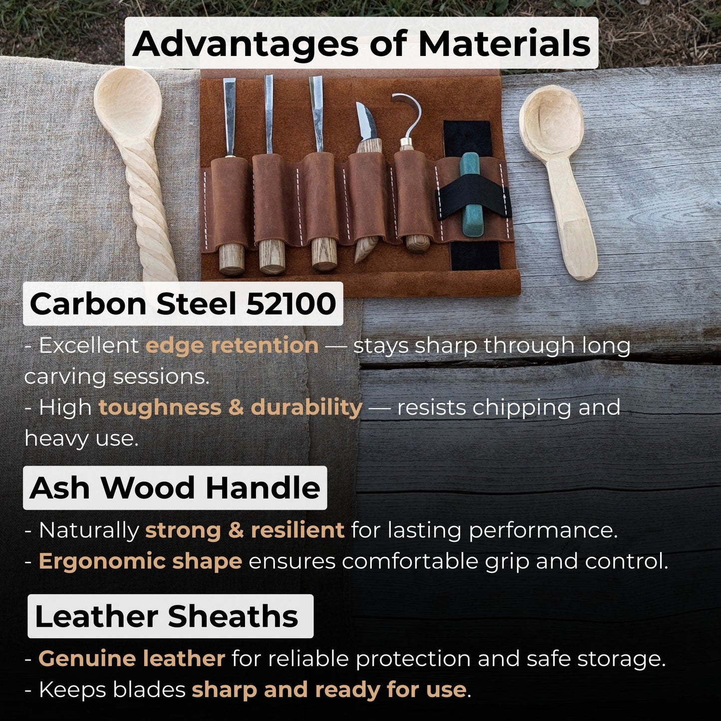 5-Piece Spoon Carving Tool Set with Leather Strop and Case