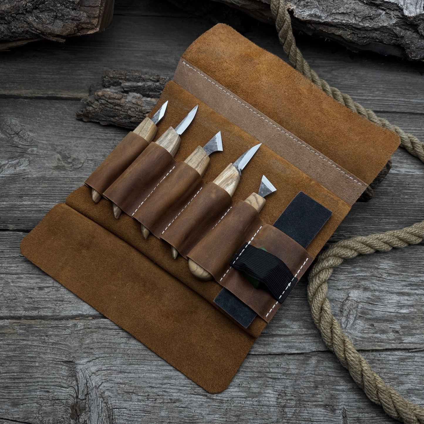 5-Piece Wood Carving Knife Set with Sharpening Board & Leather Case