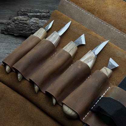 5-Piece Wood Carving Knife Set with Sharpening Board & Leather Case