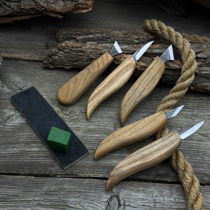 5-Piece Wood Carving Knife Set with Sharpening Board & Leather Case