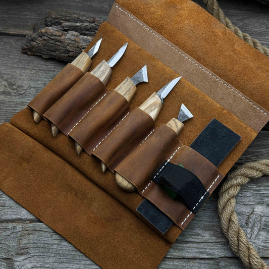 5-Piece Wood Carving Knife Set with Sharpening Board & Leather Case