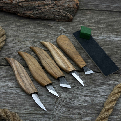 5-Piece Wood Carving Knife Set with Sharpening Board & Leather Case