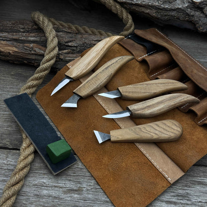 5-Piece Wood Carving Knife Set with Sharpening Board & Leather Case
