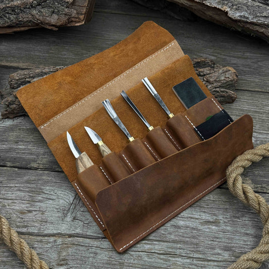 5-Piece Wood Carving Tool Set with Sharpening Board & Leather Case