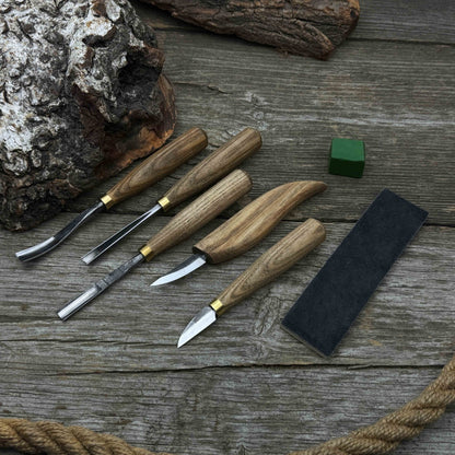 5-Piece Wood Carving Tool Set with Sharpening Board & Leather Case