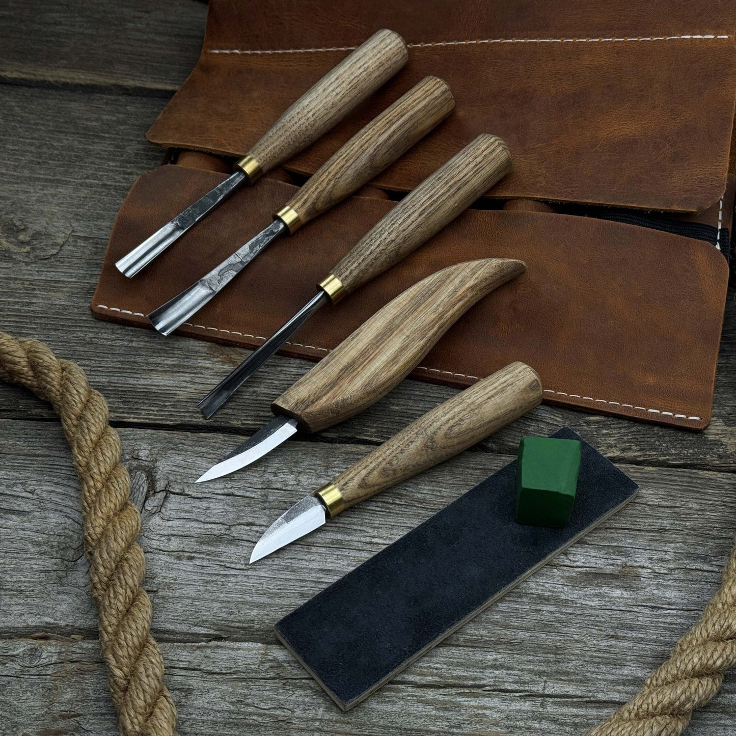 5-Piece Wood Carving Tool Set with Sharpening Board & Leather Case