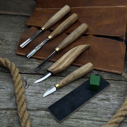 5-Piece Wood Carving Tool Set with Sharpening Board & Leather Case