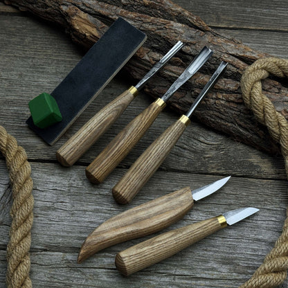 5-Piece Wood Carving Tool Set with Sharpening Board & Leather Case
