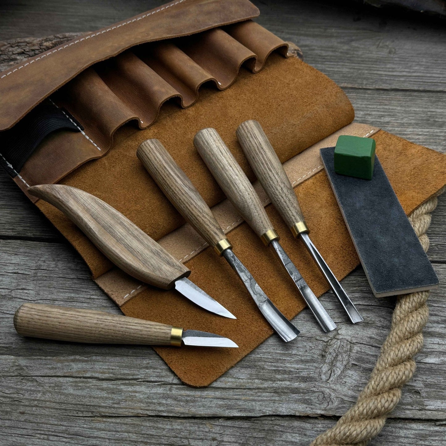 5-Piece Wood Carving Tool Set with Sharpening Board & Leather Case