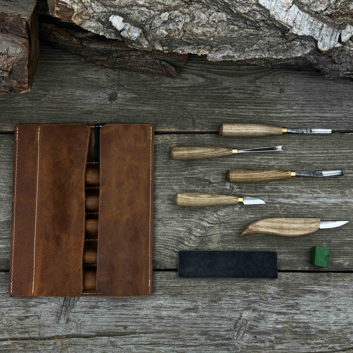 5-Piece Wood Carving Tool Set with Sharpening Board & Leather Case