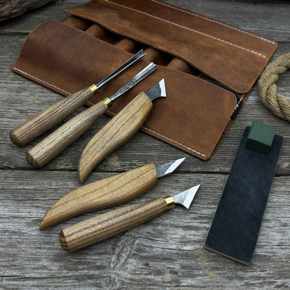5-Piece Wood Carving Tool Set with Sharpening Board
