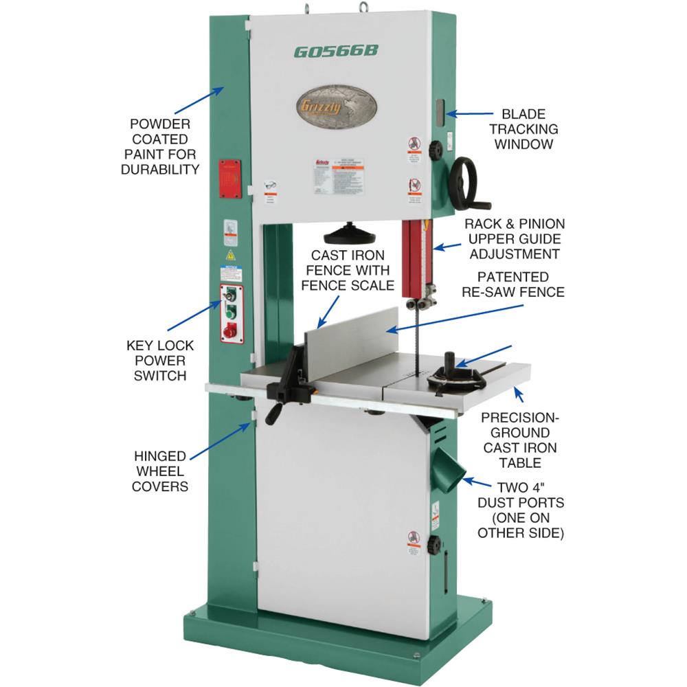Grizzly G0566B - 21" Super Heavy-Duty 3 HP Bandsaw with Motor Brake