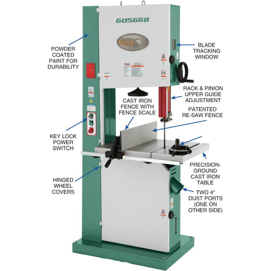 Grizzly G0566B - 21" Super Heavy-Duty 3 HP Bandsaw with Motor Brake