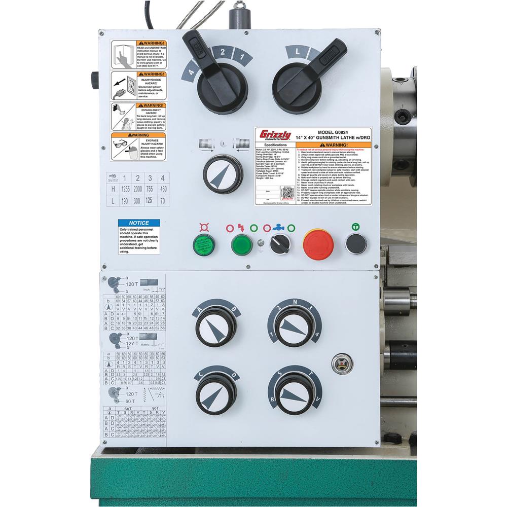 Grizzly G0824 - 14" x 40" 2-1/2 HP Gunsmithing Metal Lathe w/ DRO