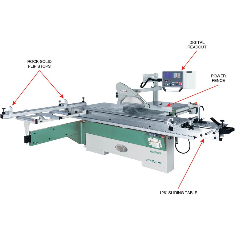Grizzly G0853 - 14" 10 HP 3-Phase Sliding Table Saw with DRO and CNC Fence