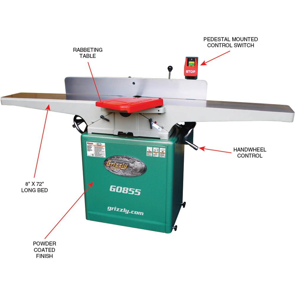 Grizzly G0855 - 8" x 72" Jointer w/ Built-in Mobile Base