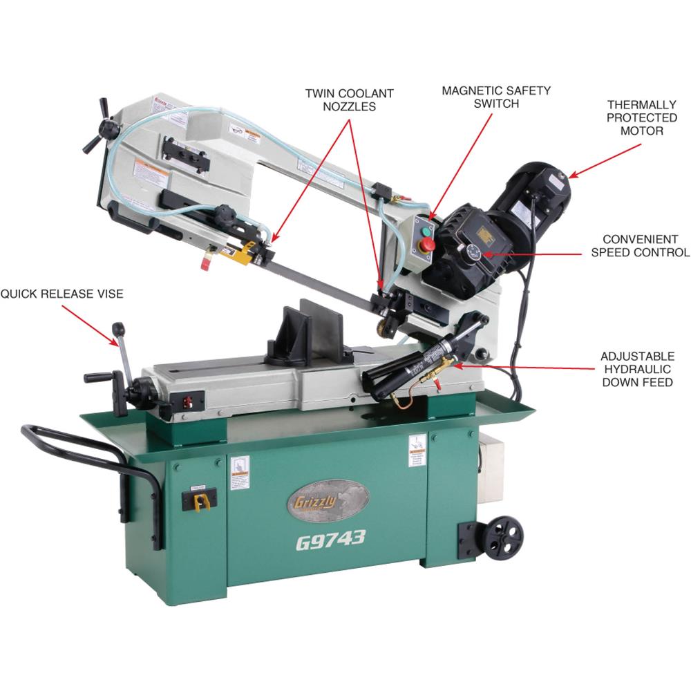 Grizzly G9743 - 7" x 12" 1-1/2 HP Horizontal Metal Cutting Bandsaw