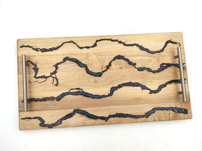 Maple and Blue Fractal Serving Tray w/ silver handles