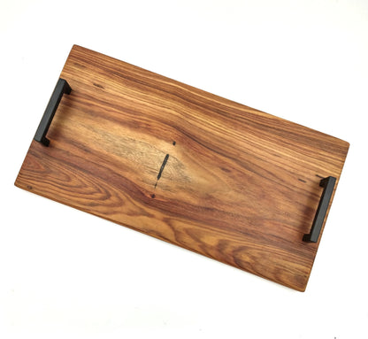 Warm Toned Wood Tray with Black Handles