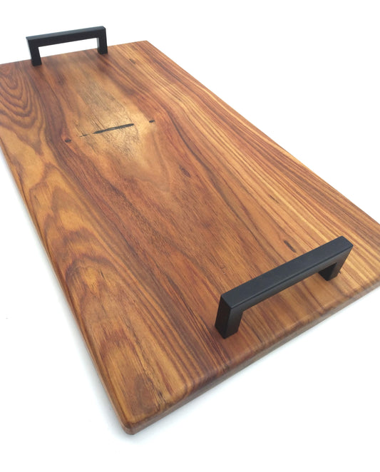 Warm Toned Wood Tray with Black Handles
