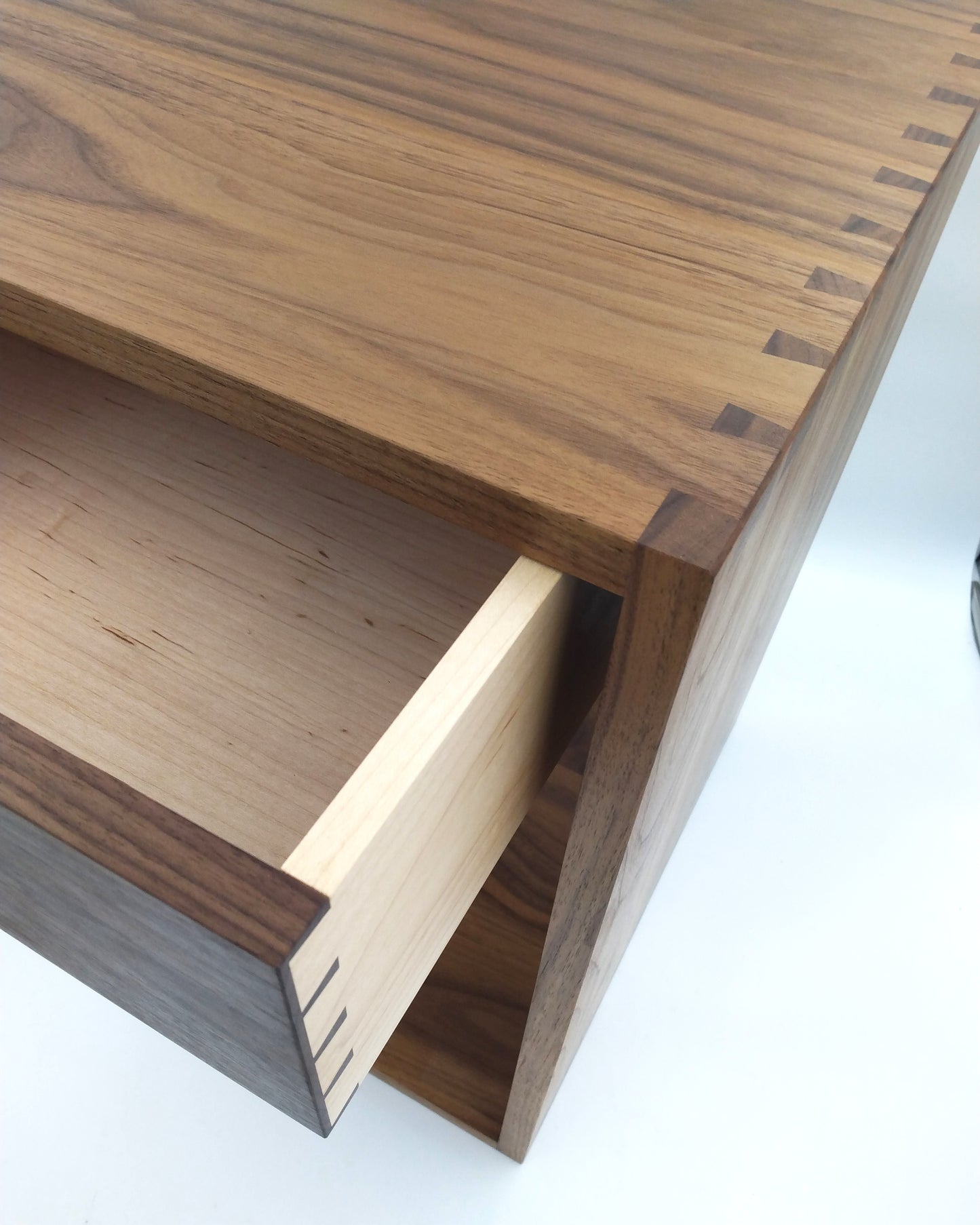 Walnut and Maple Side Table with a Floating Drawer