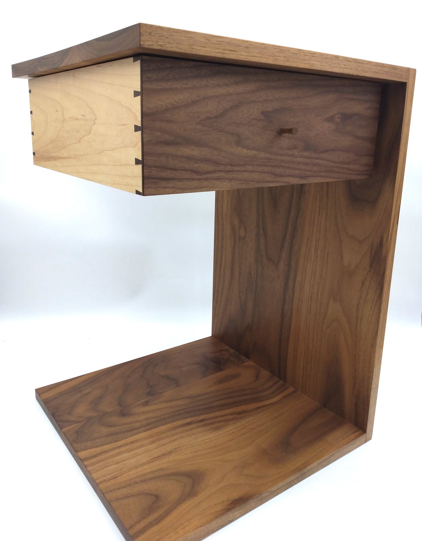 Walnut and Maple Side Table with a Floating Drawer